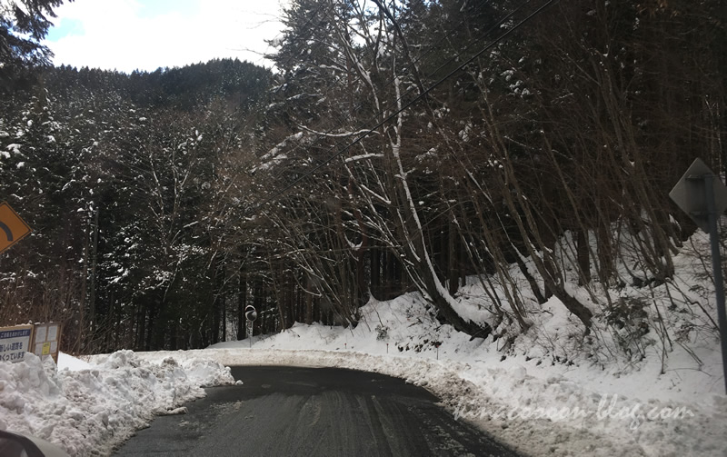 茶臼山高原へ行く国道151号線の路面凍結の様子