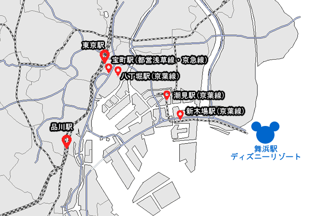 品川駅からディズニーへ行くときに泊まるとおすすめのホテルがある駅の地図